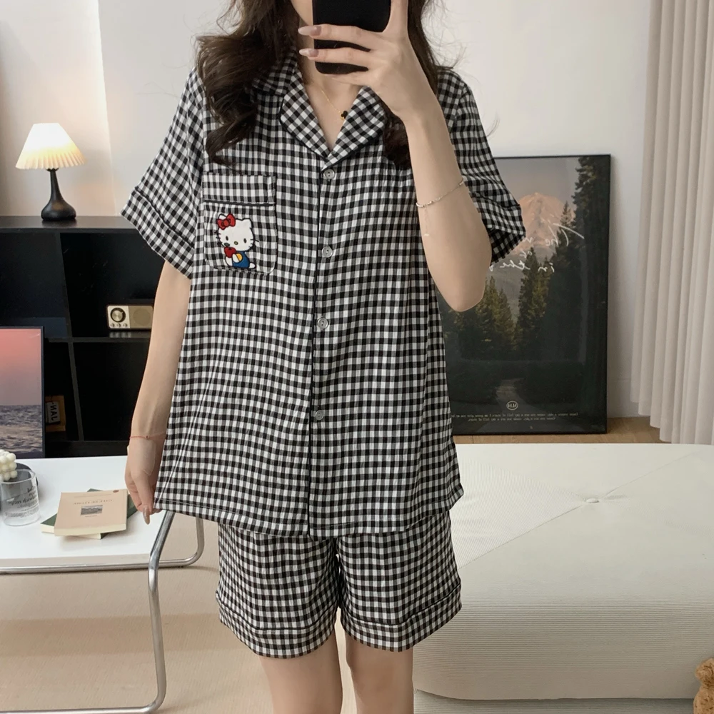 

Summer grey plaid Hello Kitty short-sleeved shorts casual versatile cute loungewear