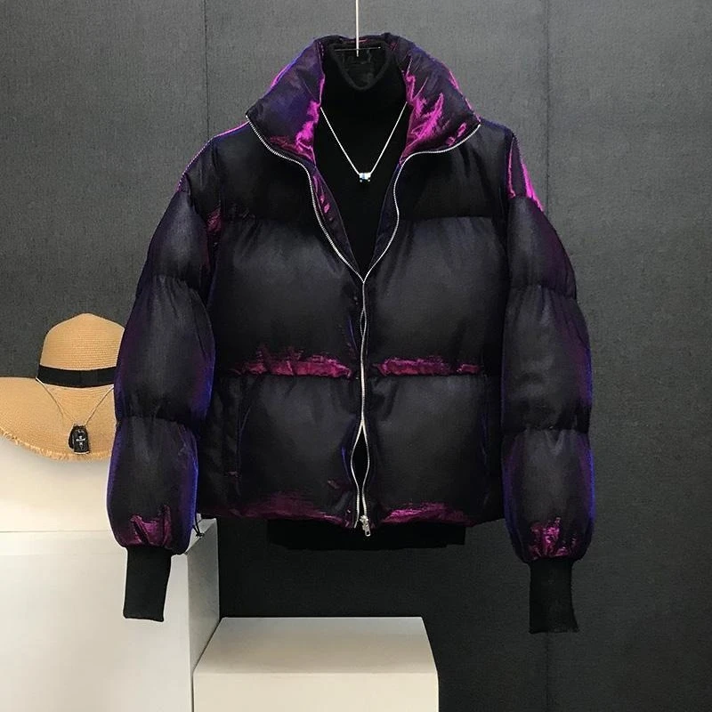 Mens Jacket Harajuku Streetwear Liquid Metal Puffer Coat Thick Warm Loose Fit Stand Collar Winter Padded Casual Fashion Trend - view 3