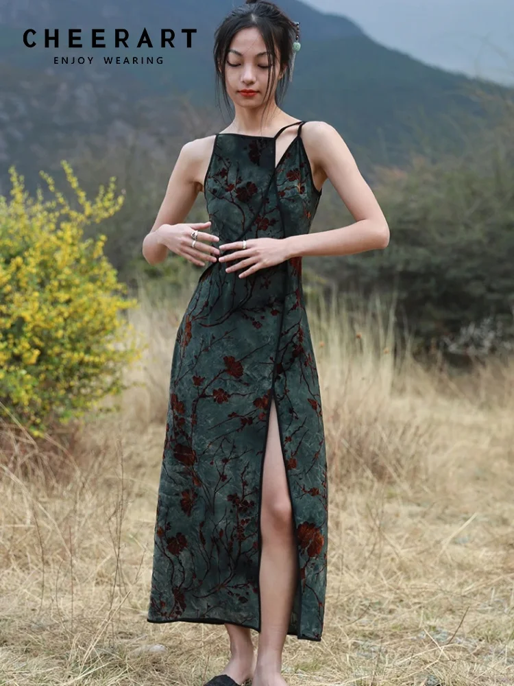

CHEERART Flocking Floral Green Vintage Long Dresses Woman Cheongsam Summer Backless A Line Side Split Midi Slip Dress Designer