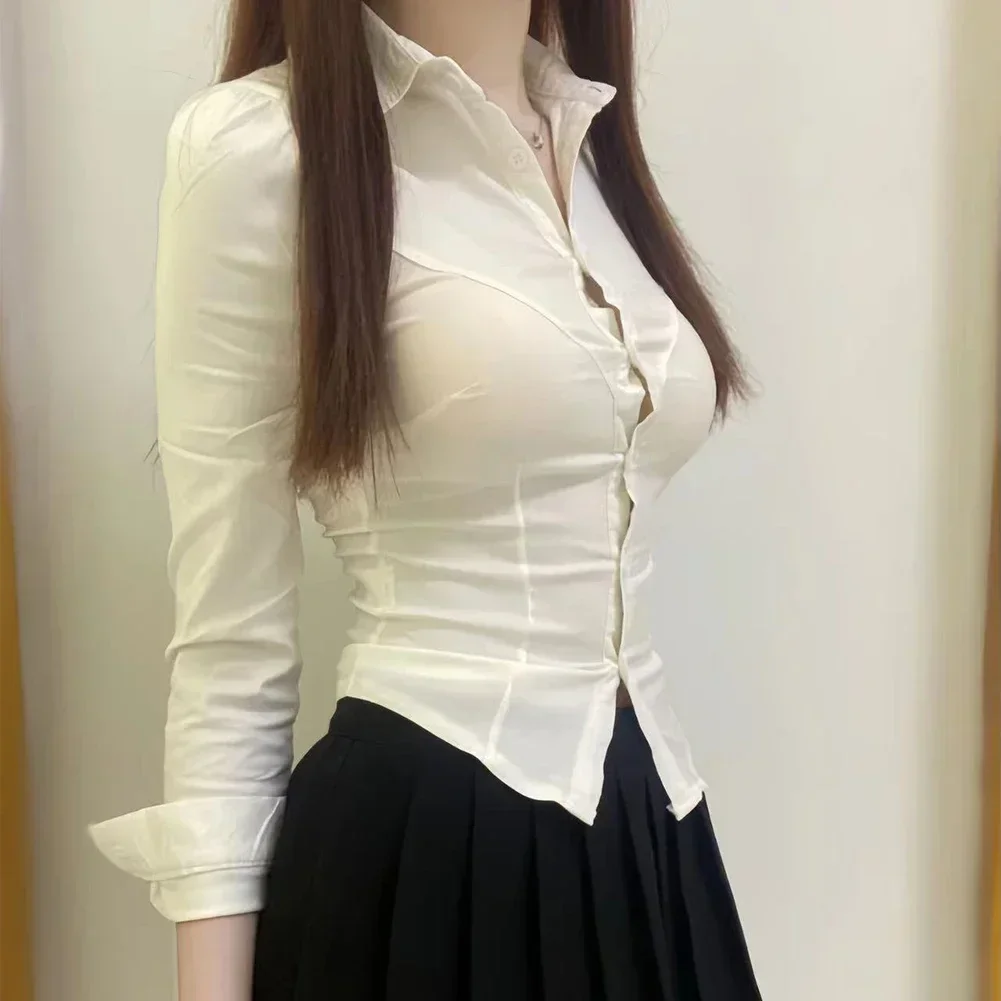 Sexy Slim Fit Shirt White Women Shirts Elegant Single-Breasted Lapel OL Office Blouse Ladies All-Match Long Sleeve Crop Tops