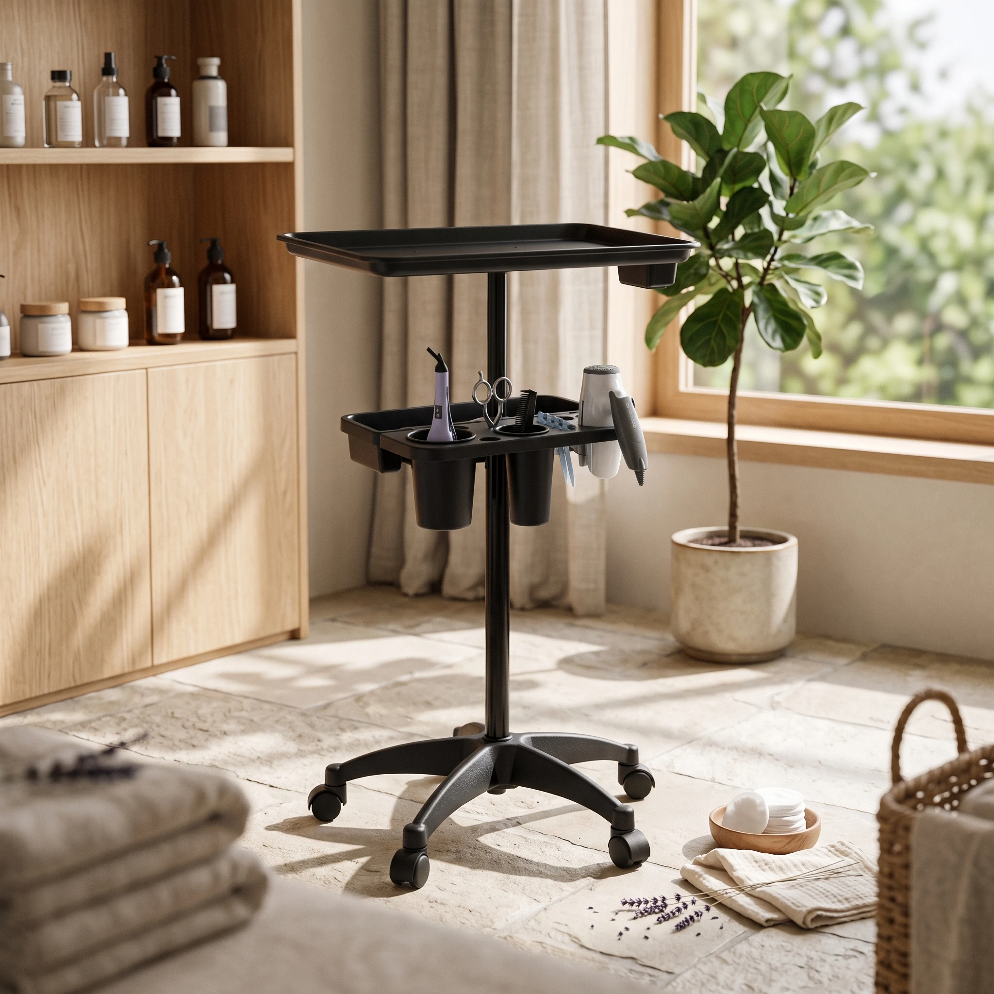 Salon Trolley Cart Height-Adjustable Rolling Salon Tray Trolley with Tool Holders Heat-Resistant Cart with Holders Space-Saving