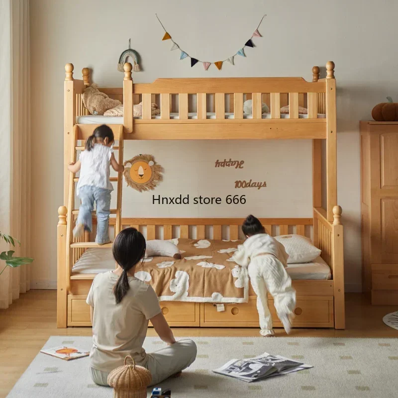 Solid wood double-layer high and low mother and child bed