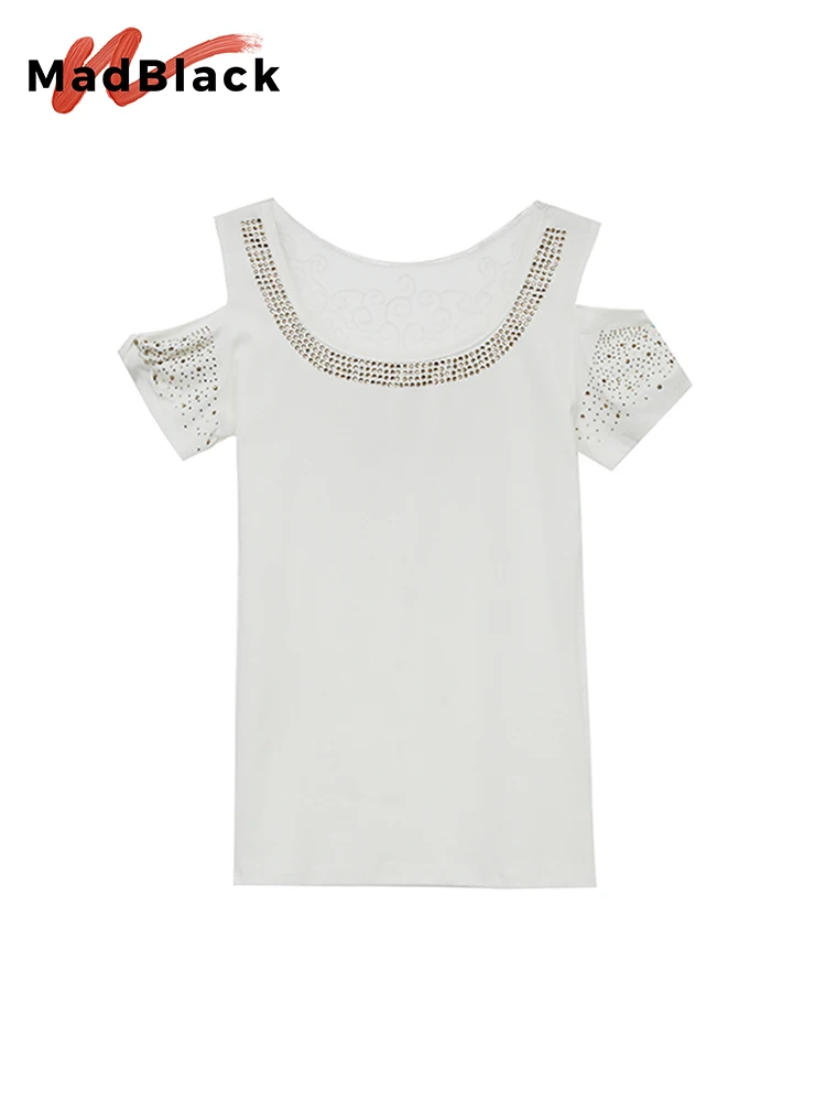 MadBlack Summer European Clothes Knit T-Shirt Sexy Glitter Luxury Rivets Women Slim Tops Short Sleeve Tees 2023 T33011X