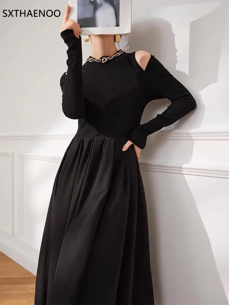 SXTHAENOO Women Winter Long Sleeve Dress Round Neck Temperament Black Knit Dress Neck Bare shoulder Design Female Dress