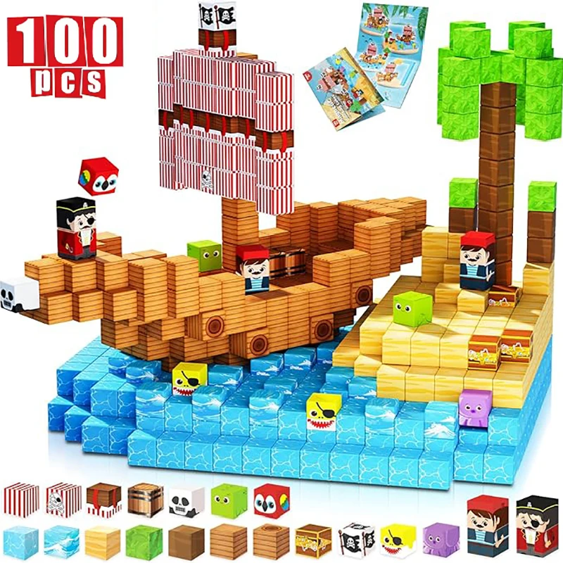 

Magnetic Building Blocks Mine World Undead Pirate Ship Cube Magnet Set for Kid Age 3+ DIY Model Children Creativity Gift