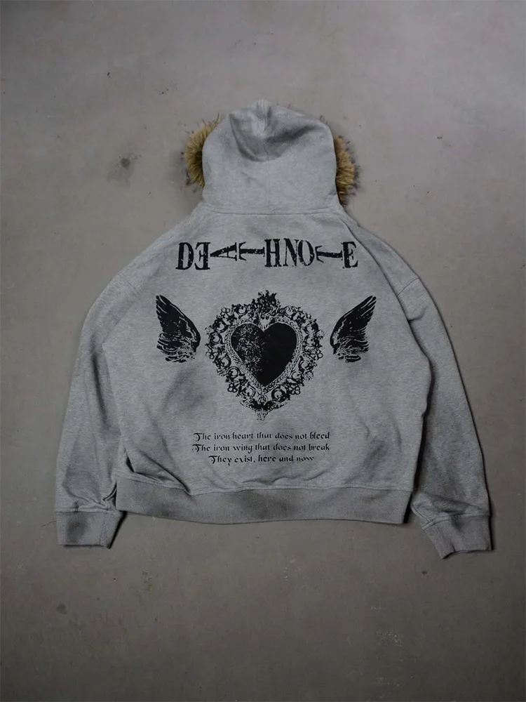 Winter Fashion Streetwear Women's Gothic Printed Faux Fur Hooded Jacket Trendy Edgy Zip - Up Sweatshirt 2026 New Arrival