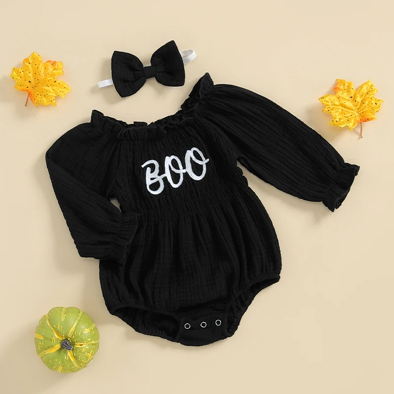 0-24M Baby Girls Rompers Letter Print Boat Neck Long Sleeve Jumpsuits Halloween Clothes Bodysuits with Bow Headband