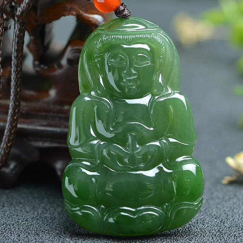 

Hetian Jade Holding Bottle Guanyin Spinach Green Men's Jasper Pendant