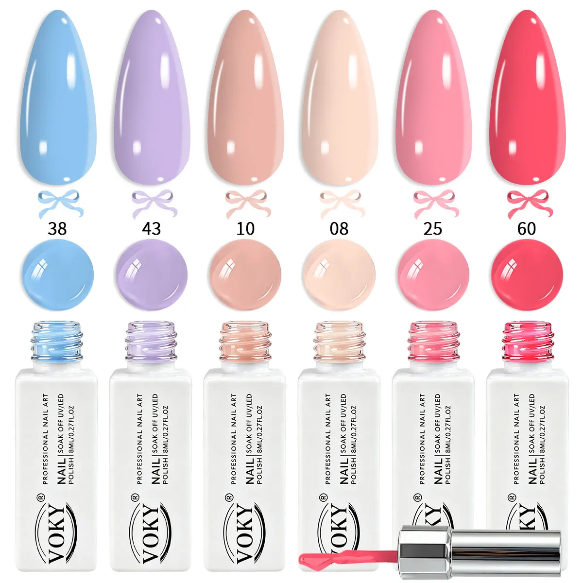 VOKY 6-piece macaron jelly nail polish set, available in light blue, purple, nude pink, rose red, and other colors, UV/LED semi-permanent nail gel. Easy to apply, suitable for salon DIY daily and holiday manicures in spring and summer.