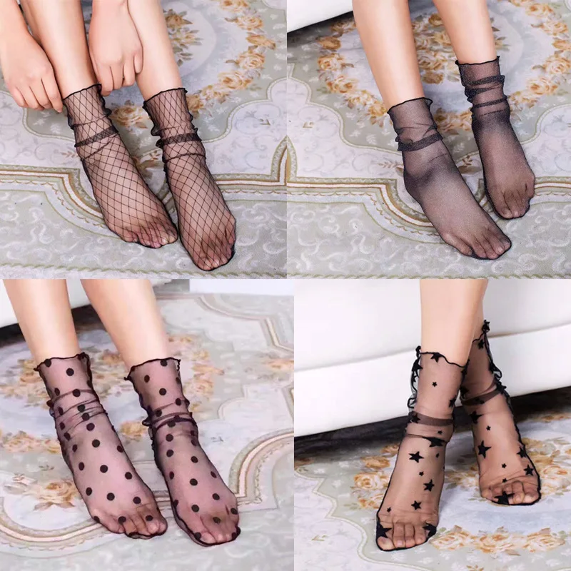 

Retro Sexy Lace Floral Mesh Women Socks Thin Middle Tube Transparent Sock Spring Summer Women Breathable Silk Ultrathin Sock