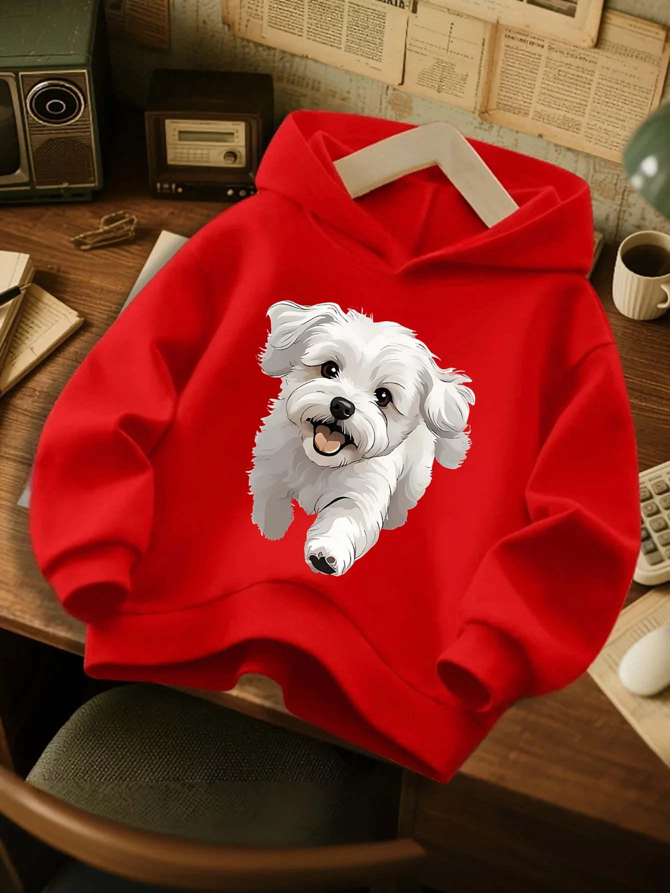 Cute White Maltese Dog Kids Hoodie Lovely Puppy Pet Chest Print Autumn Winter Fleece Warm Children Casual Hooded Sweatshirt