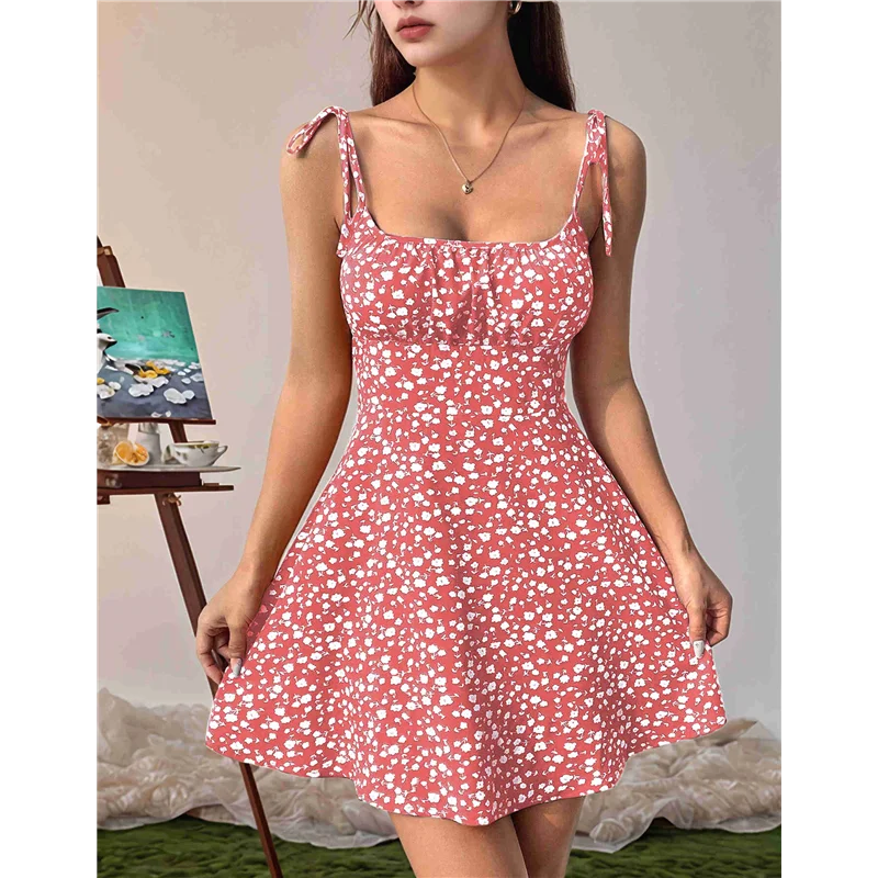 A83F-Abito floreale Boho da donna con pagliaccetto e cinturino per spaghetti