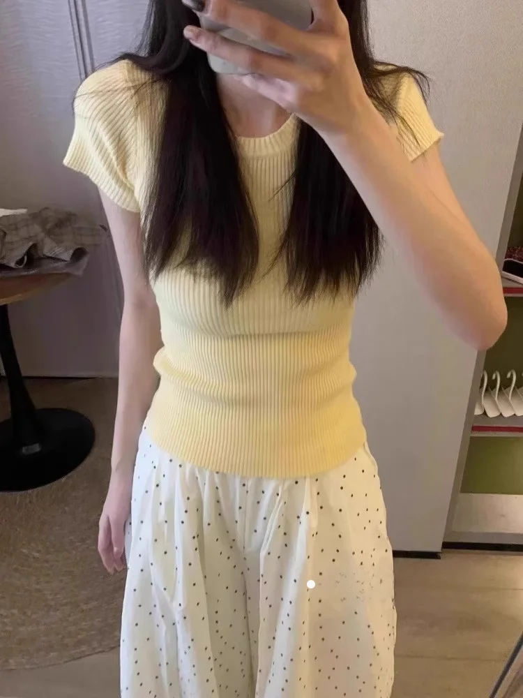 

Корейская желтая трикотажная футболка Sle Dopane ort Sve, женская осенняя футболка небольшого размера с завязкой на талии, облегающий топ Pure Desire Base Top