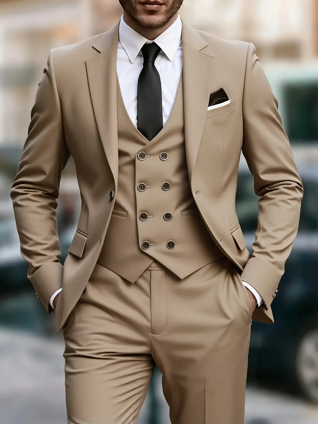 

【Blazer】Мужской костюм-тройка с вырезанными лацканами: двубортный жакет, жилет и брюки для классического винтажного свадебного образа