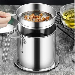 1PC Oil Filter Pot 304 Stainless Steel Oil Strainer Pot With Mesh 1.2/1.8L Oil Bottle With Cover Silver Home Kitchen Gadget