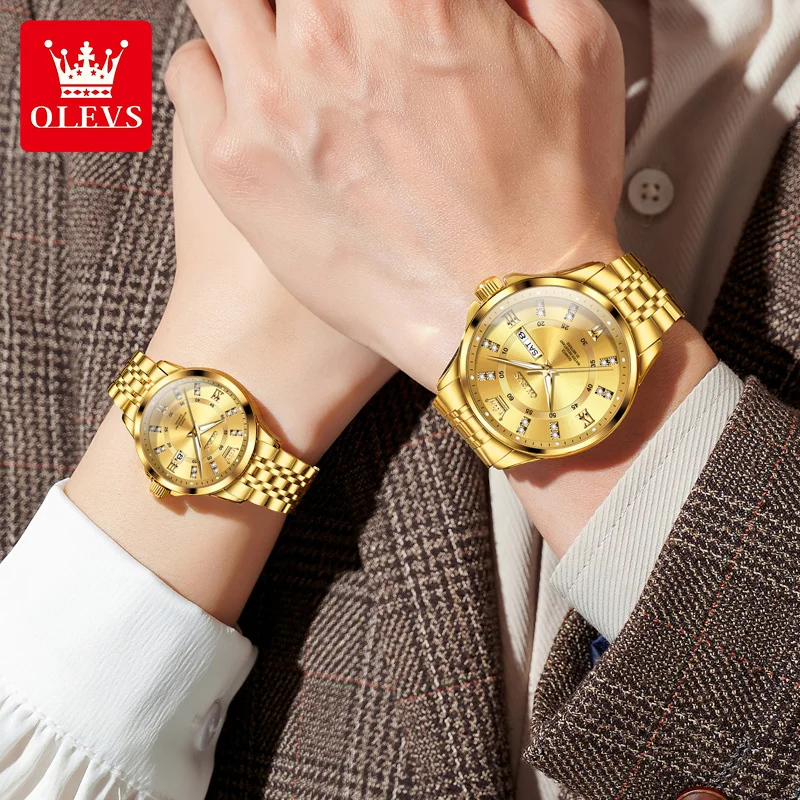 OLEVS Reloj de Cuarzo Original para Pareja Escala de Diamantes Calendario Dual Relojes para Amantes de Ocio de Negocios de Acero Inoxidable de Alta Calidad