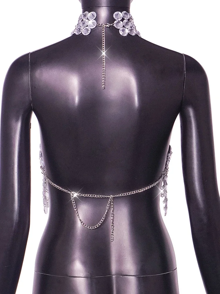 Camiseta sin mangas con cuello Halter plateado, corpiño con diamantes brillantes, Top corto con lentejuelas de Metal y espalda descubierta, chaleco para discoteca, trajes de Festival