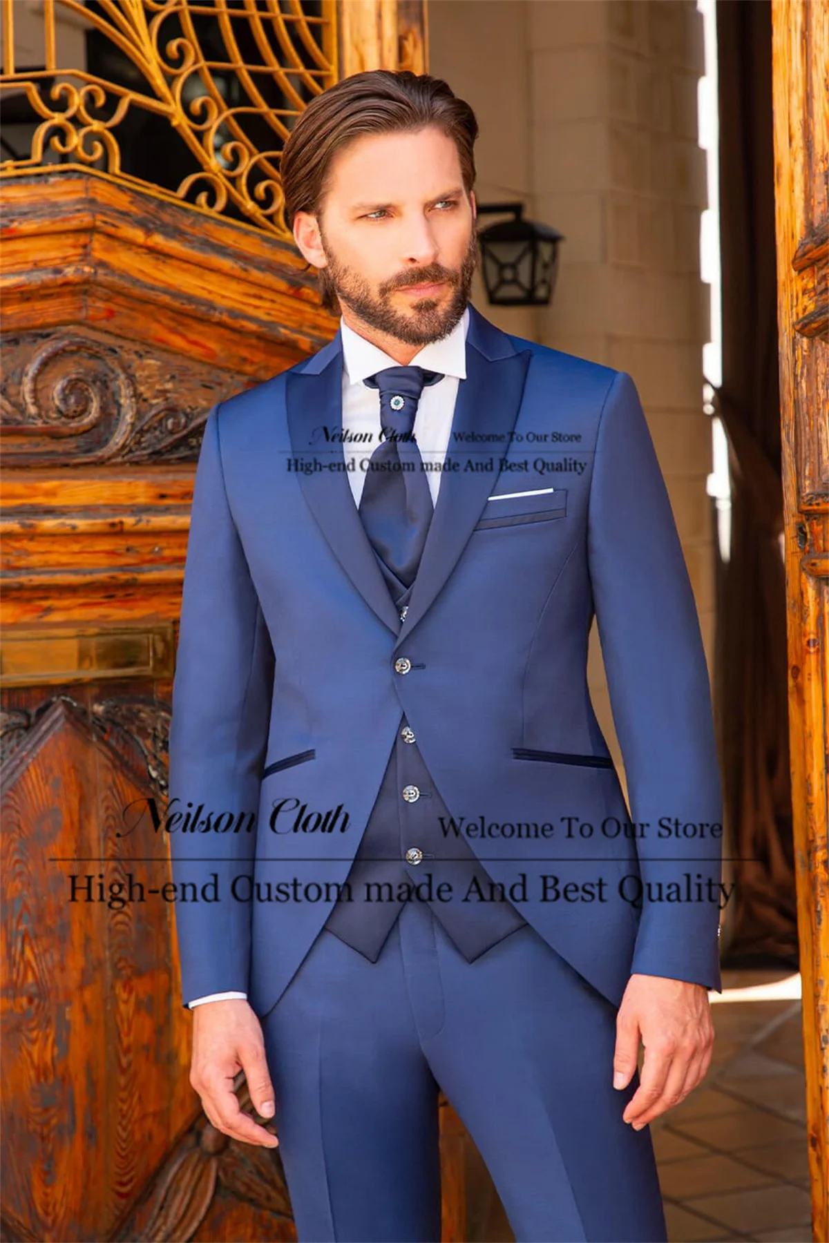 

Slim Fit Blue Male Prom Blazers 3 Pcs Sets Peaked Lapel Groom Wedding Tuxedos For Men One Button Customized Terno Masculino