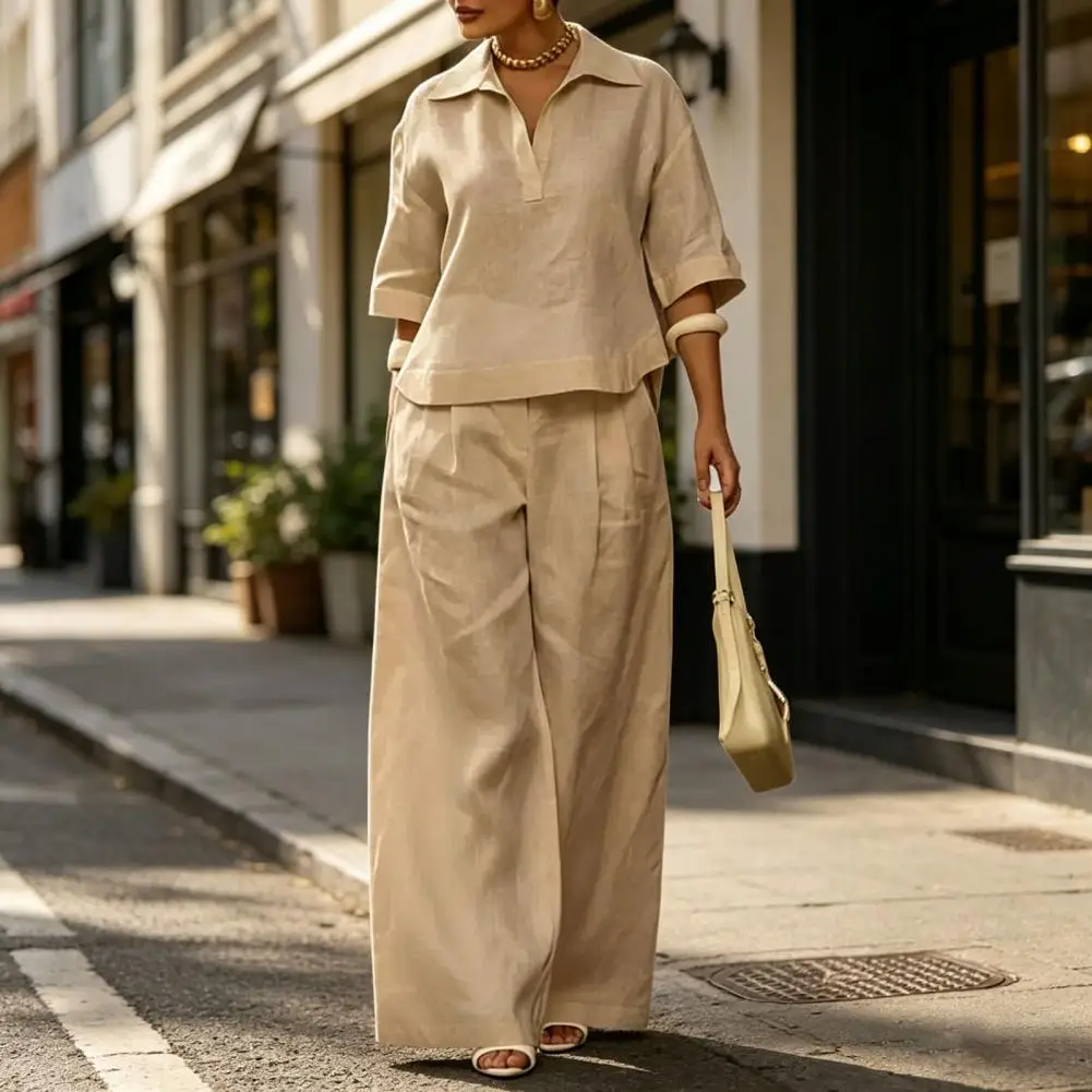

Women's 2 Piece Sets Casual Short Sleeve Lapel V Neck Top And Wide Leg Pants Summer Travel Vacation Lounge Outfits