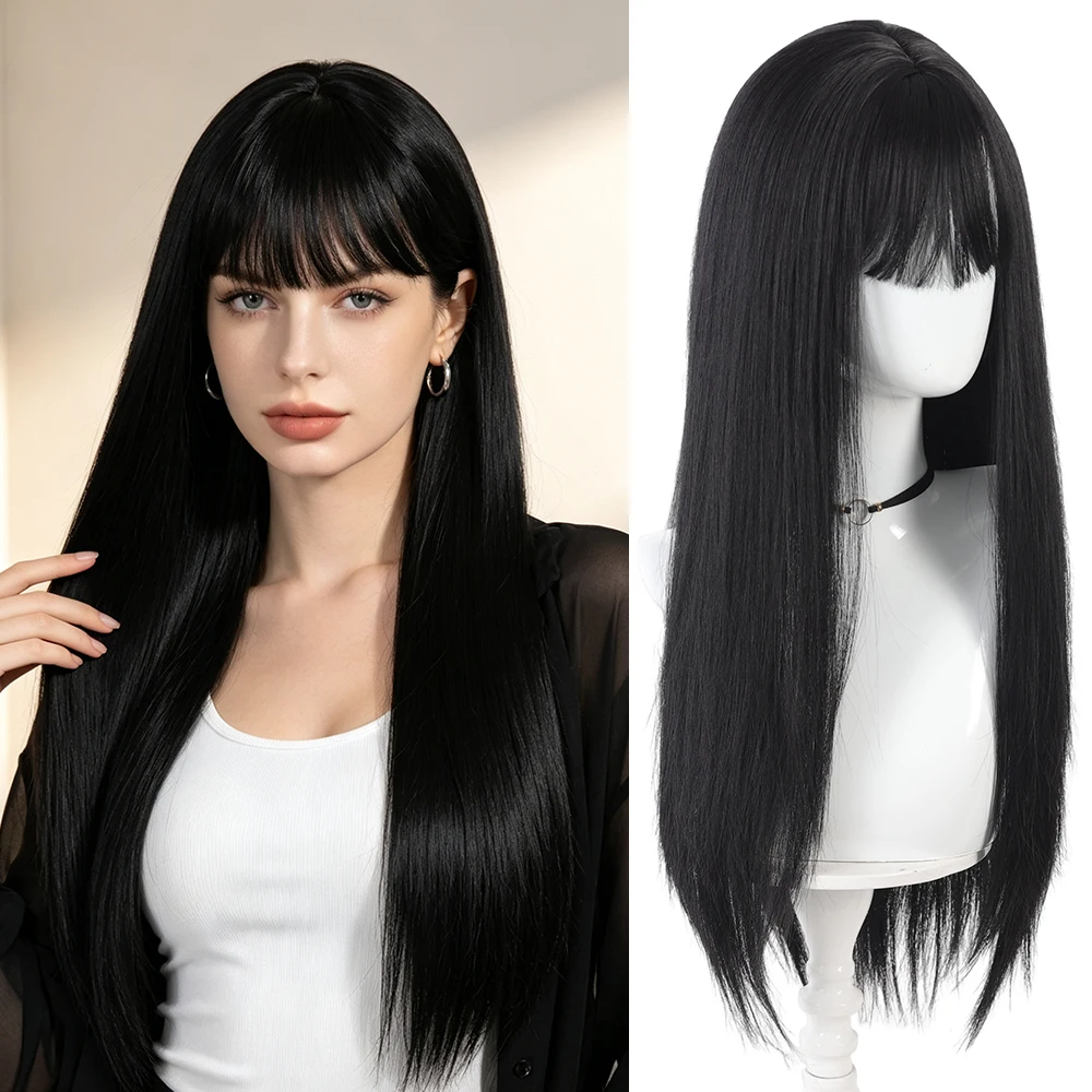 Synthetic 28 Inch Women Black Straight Bangs Long Straight Hair Fashion Wig Halloween Cosplay Heat Resistant Fiber