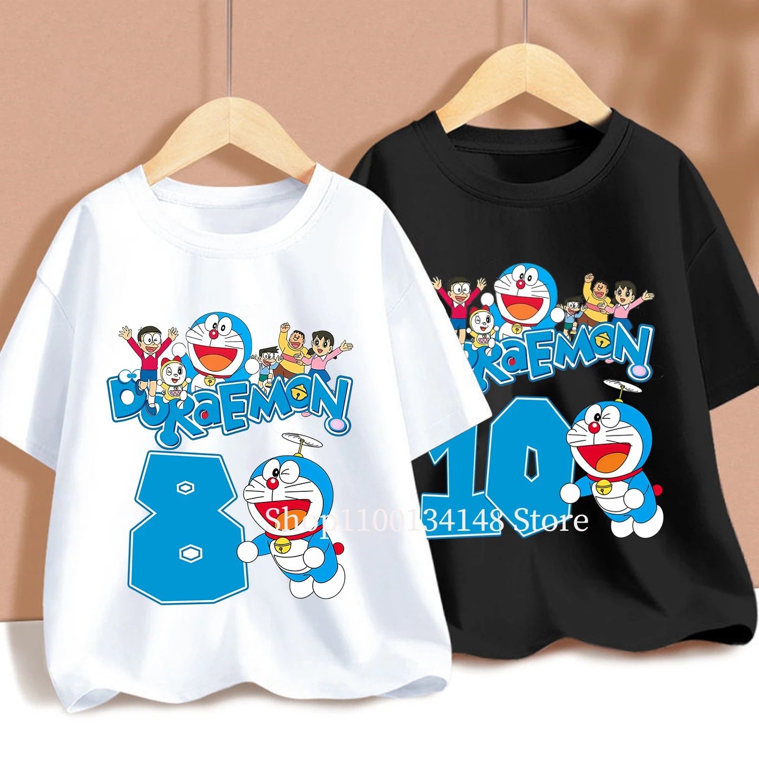 Doraemon T-shirt for Children Cute Cartoon Birthday Figure Black White Cotton Tee Short Sleeve Boy Girl Loose Clothing Kids Gift