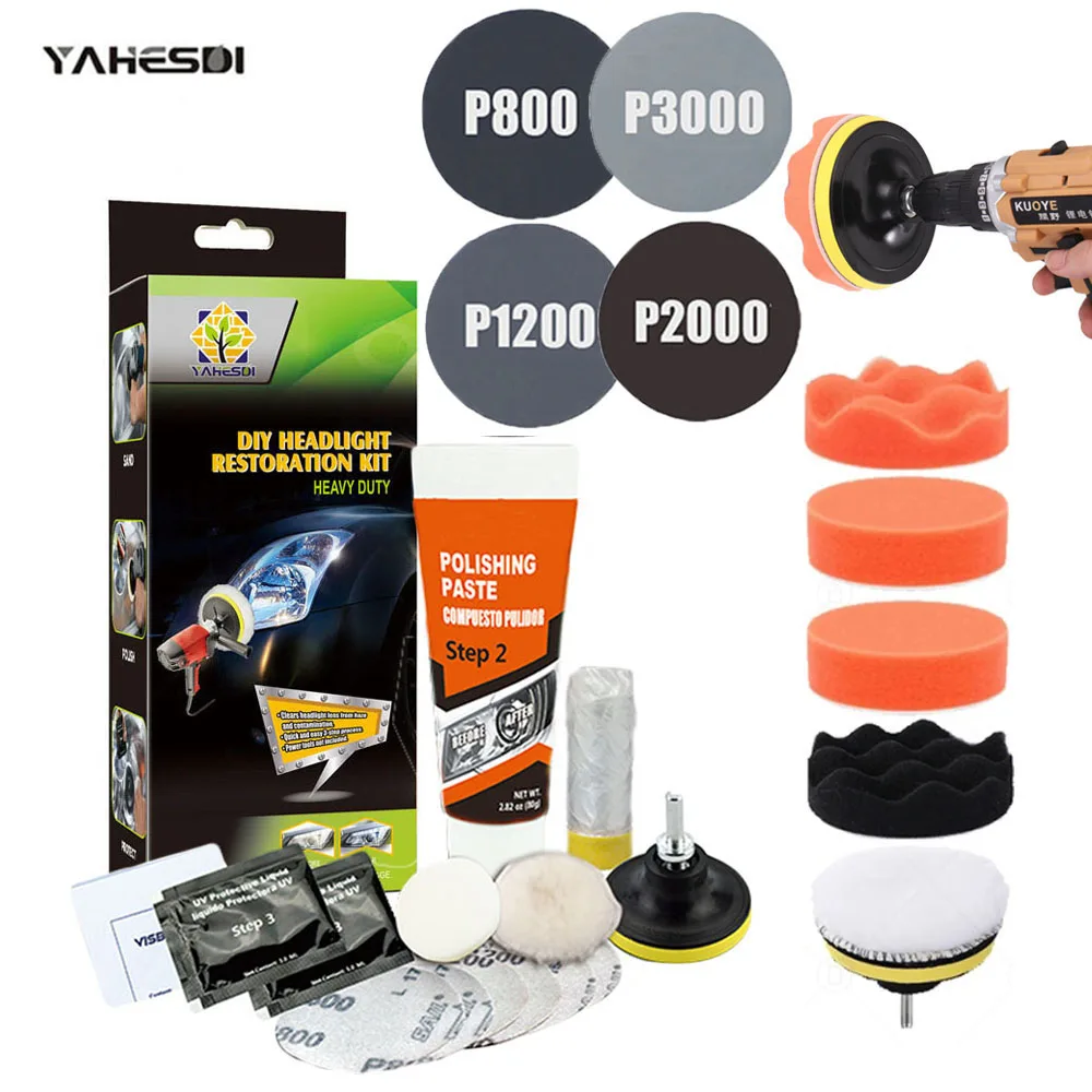 Headlight Restoration Kit Professional DIY Car Headlight Polishing Tool Remove Yellowing & Scratches,Anti-Fogging UV Coating