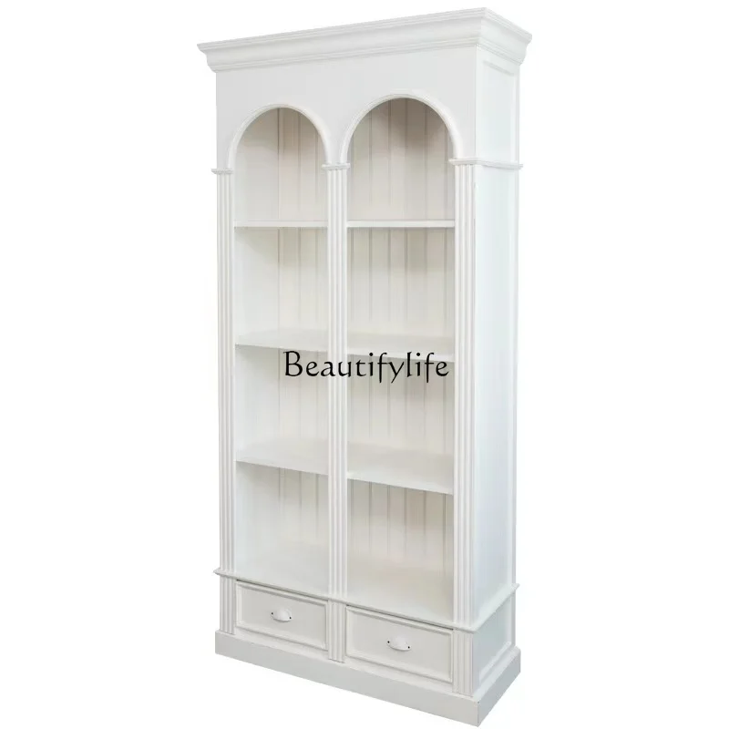 

French retro white old arched bookcase solid wood homestay style storage storage side cabinet