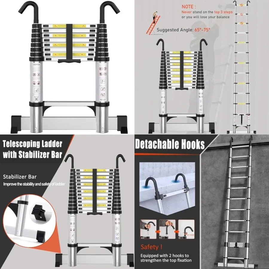 

Telescoping Ladder with Hooks 8.5 Feet - Aluminum Telescopic Ladder with Stabilizer - Retractable Extension Ladders for Home Lo