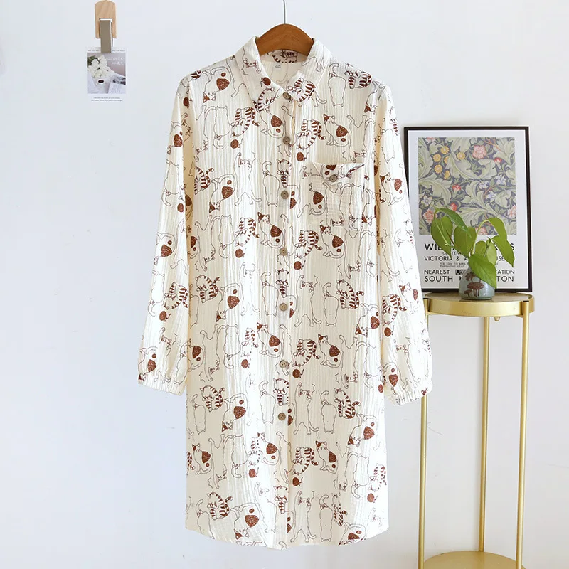 Summer Cotton Long Sleeve Shirt Sleepwear Dress Women's Cartoon Cute Thin Home Nightgowns Turn-down Collar Sexy Sleepwear