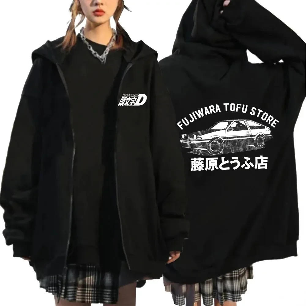 Initial D Zipper Hoodies Herrenbekleidung Herbst Winter Zip Up Kapuzenpullover Lässige Vintage Lose Hoodie Jacke