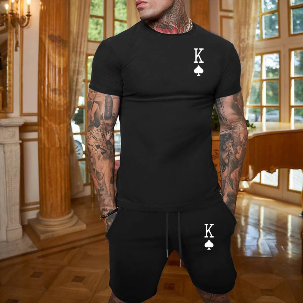 US SIZES Men\'s 2 Piece Set 3D Printed K Short Sleeve T Shirt+Short Pants Suit Streetwear Clothes Male Clothing Trendy Oversize