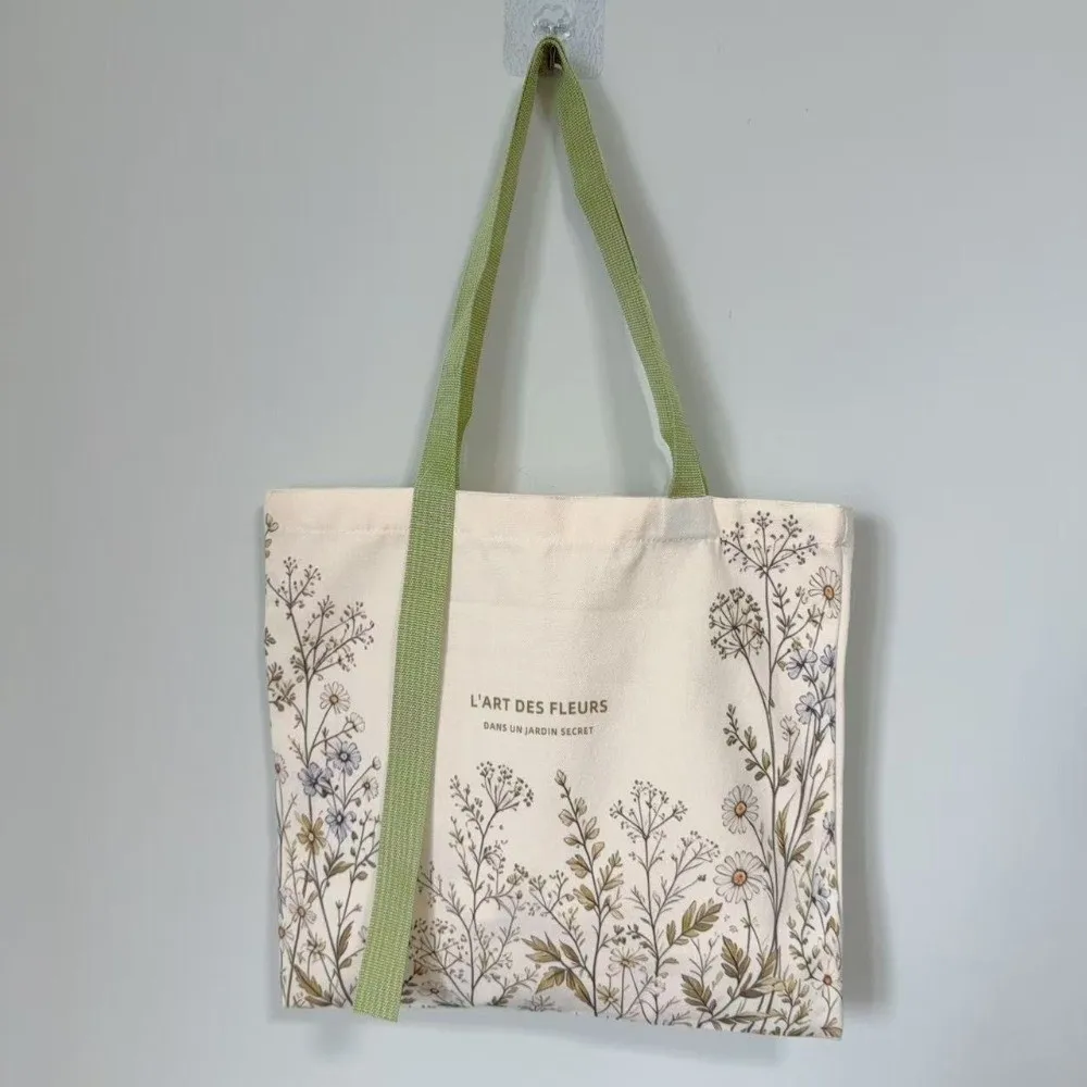 New Cotton Canvas Canvas Tote Bag Durable Lightweight Carry Bag Green Daisy Print Travel Bag Shopping Trips