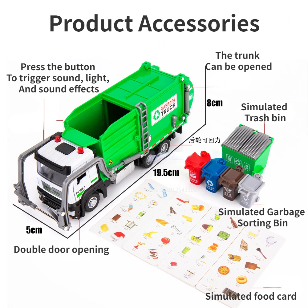 1/32 Alloy Urban Garbage Recycling Car Model Toys With Sound Light Rear Wheel Pull Back Function Sanitation Engineering Vehicles