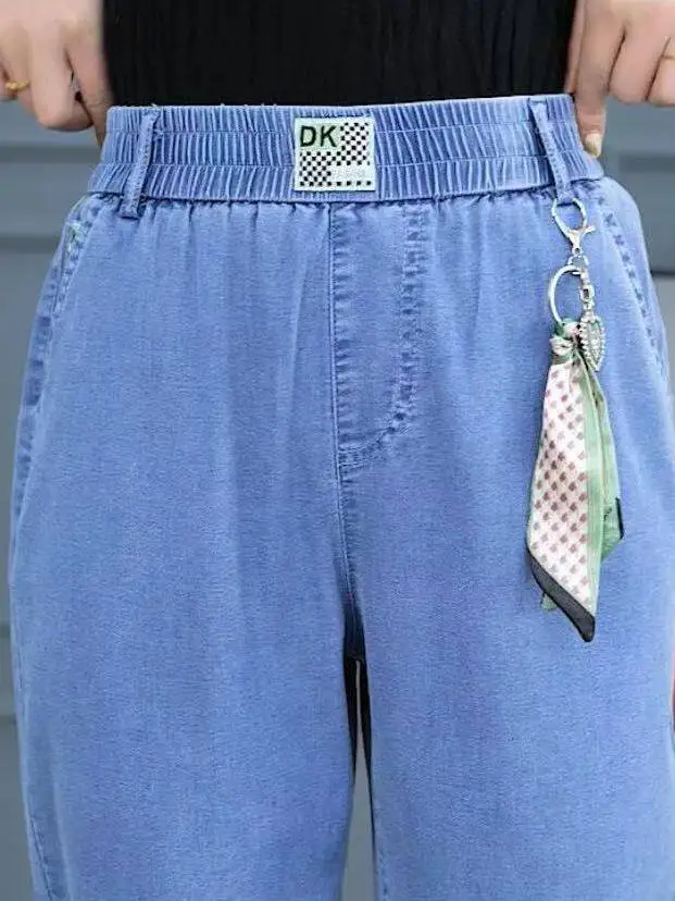 High Waist Nine-Tenths Ice Silk Straight Leg Jeans Women's Summer Thin Small Size Loose Fit Mom Pants Casual  Denim