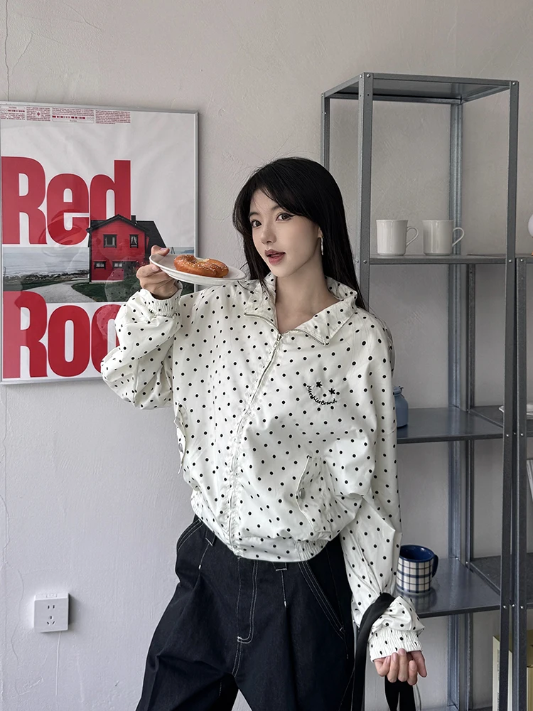 

URKR корейский Sle белый горошек или женский топ с тонким дизайном и воротником-стойкой, модный брендовый осенний сезон, модный и...