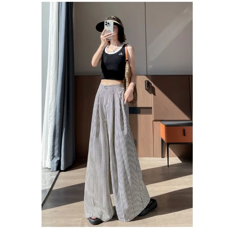 Korean Fashion Striped Versatile Wide-Leg Pants Women's 2026 Spring Summer High Waist Loose Casual Mopping Trousers Popular