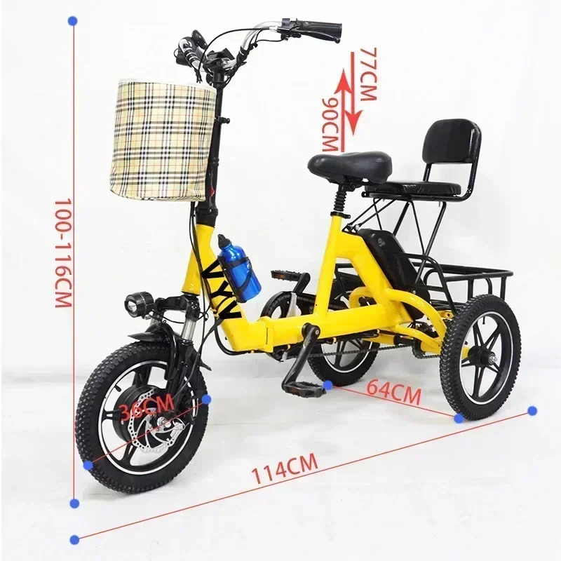 3 Wheeled Electric Tricycle 350W48V10A14 Inch Small Portable Double Electric Bike Foldable Removable Rear Seat Electric Tricycle