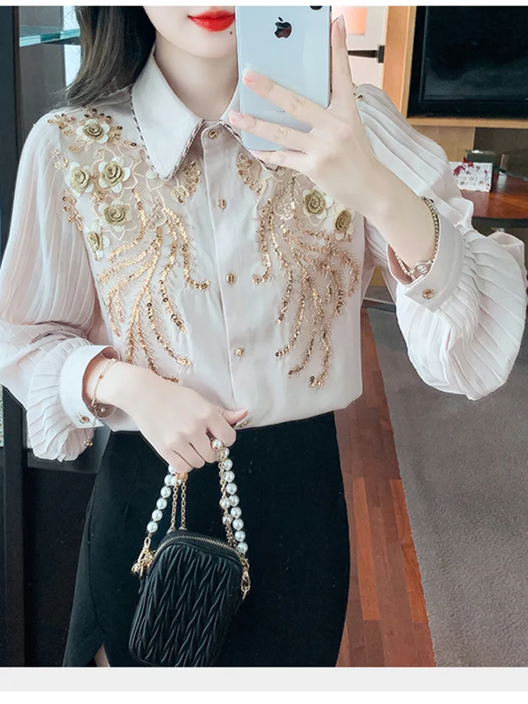 Spring Fall Chiffon Blouse Women Embroidery Sequins Beading Women Shirt Tops Elegant OL Long Sleeve Vintage Blusas Mujer De