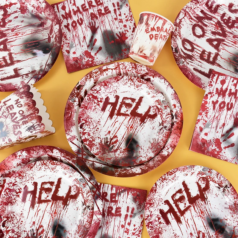 Halloween Horror Bloodstain Disposable Tableware Bloody Handprint Paper Plate Napkin Cup Popcorn Boxes Haunted House Party Decor