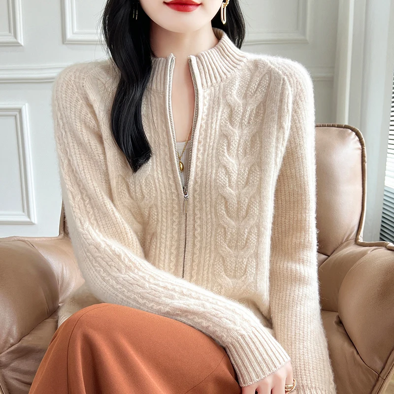 

Women 100% Merino Wool Thickened Twisted Zipper Cardigan Cashmere Soft Clothing Long Sleeves Comfort Solid Color Warm Top