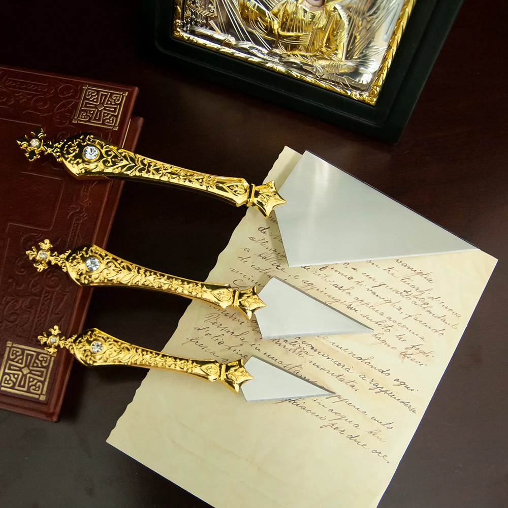 

3PCS Orthodox Christian Religious Knives Set Zinc Alloy Handle Stainless Steel Blade Diamond Inlaid Cross Design Prayer Tool