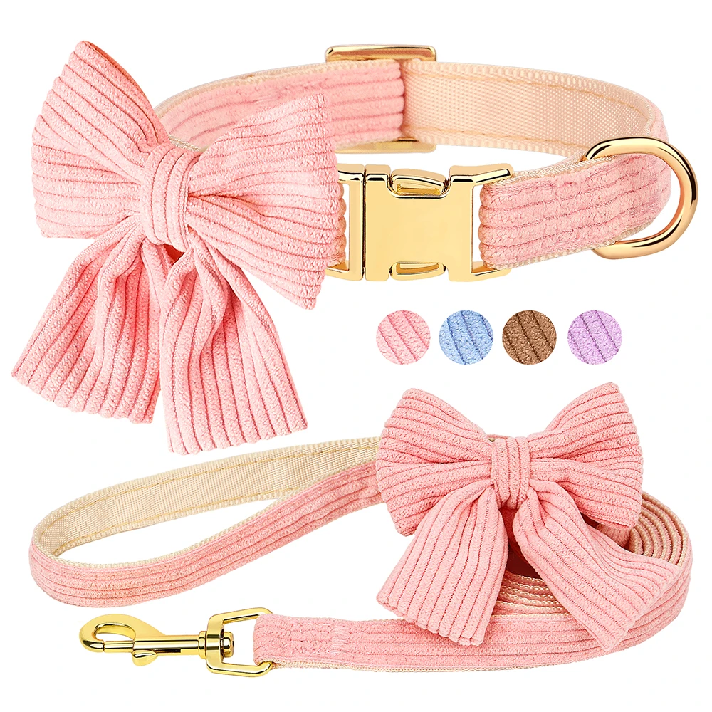 

Cute Pink Dog Collar Leash Set With Bowtie Adjustable Soft Velvet Pet Collars And Leash for Small Medium Dogs Dog Accessories