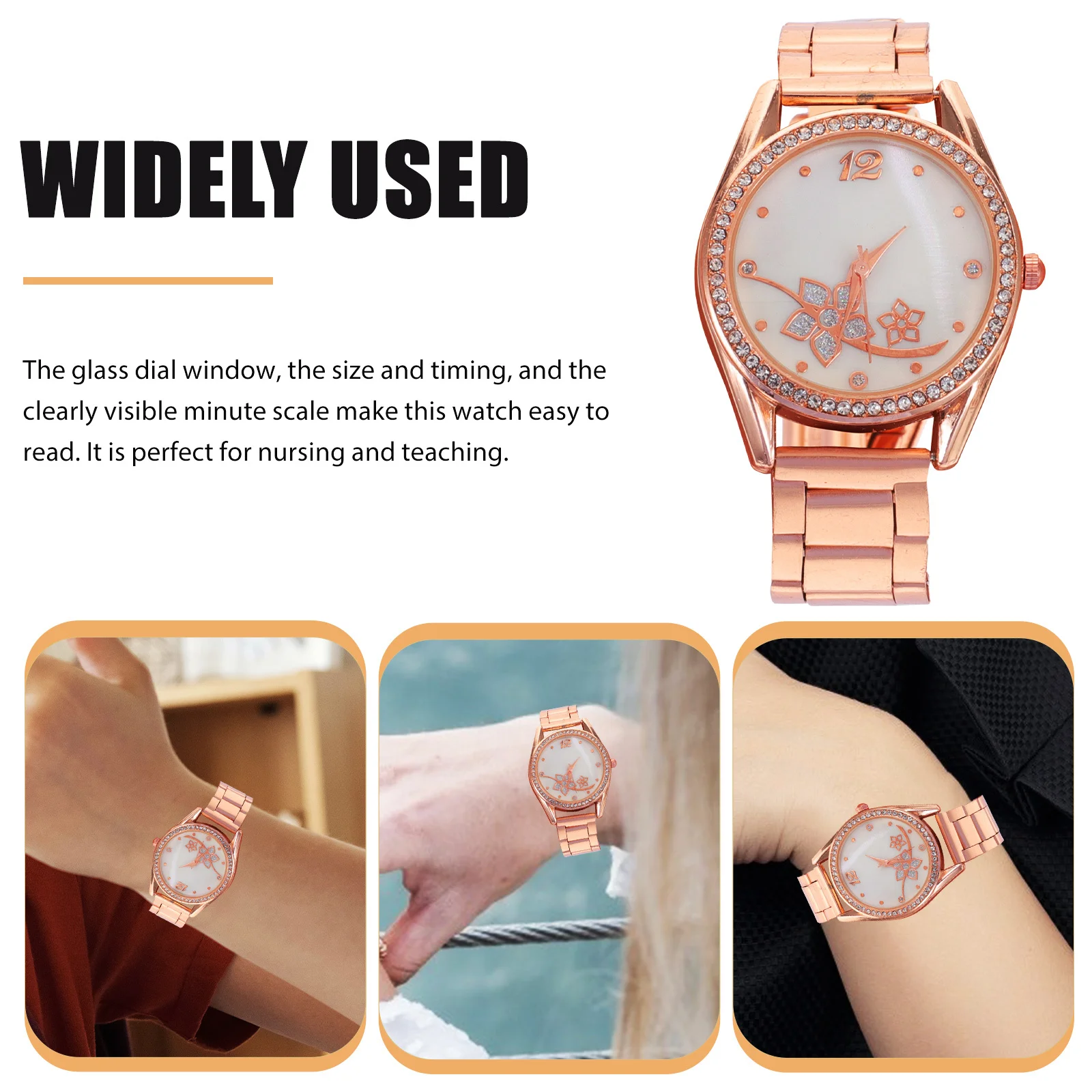 ساعة حجر الراين على شكل زهرة لساعة اليد بحزام معدني مع شريط مسامي ومينا شفافة وإبزيم معدني هدية للطلاب #5