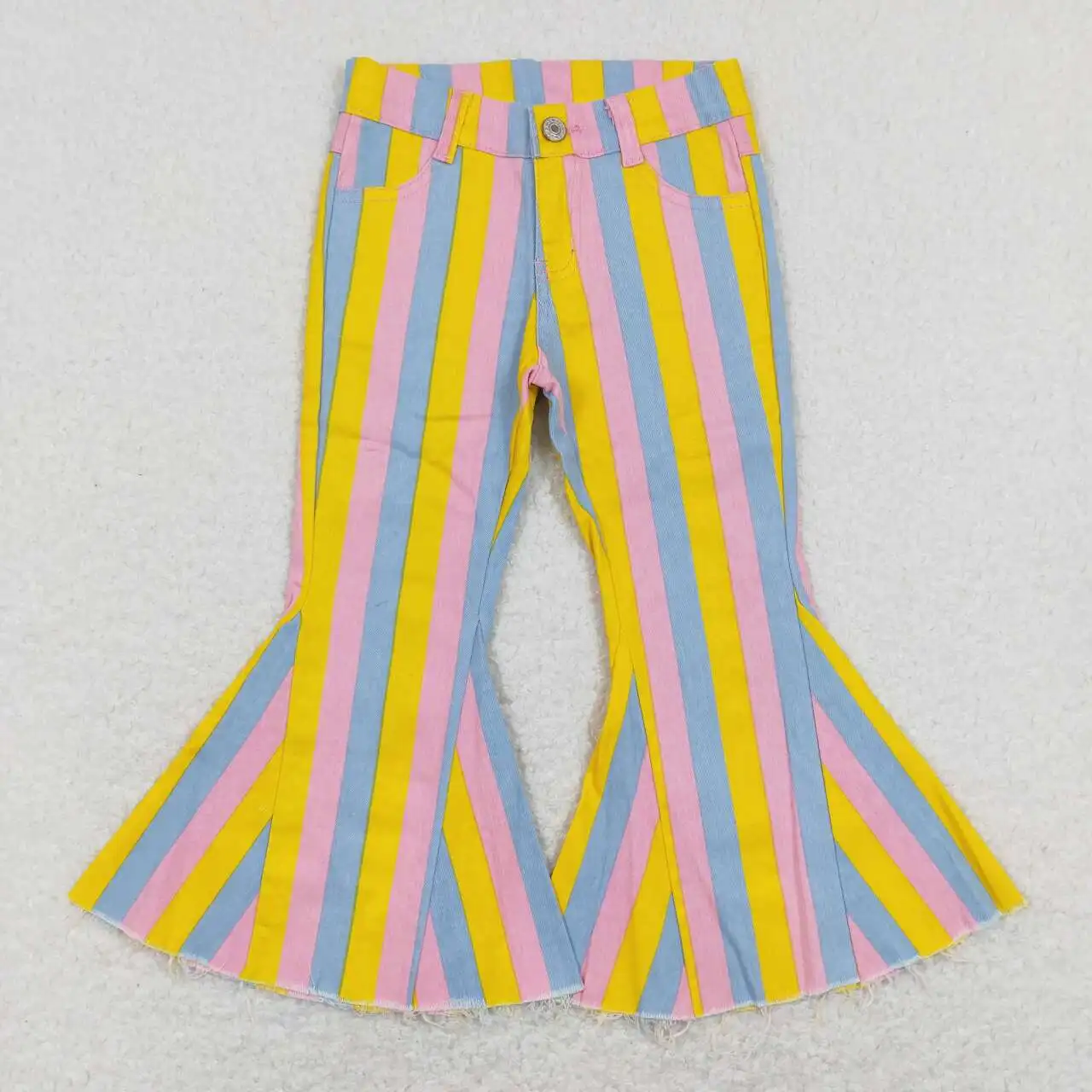 

wholesale hot sale new design baby girls clothes Pink blue and yellow striped denim trousers western boutique jeans