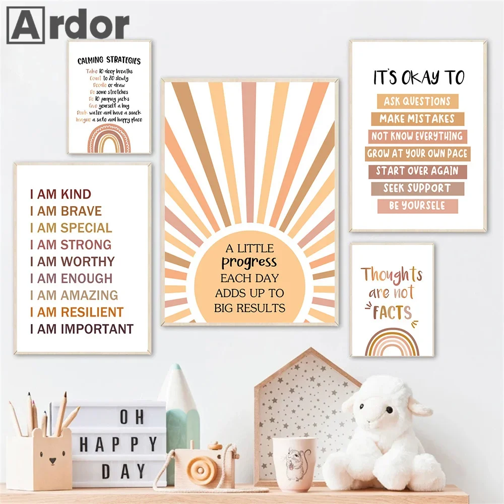 Alphabet Number Rainbow Posters Spanish Education Color Shape Wall Art Canvas Painting Prints Classroom Pictures Kids Room Decor