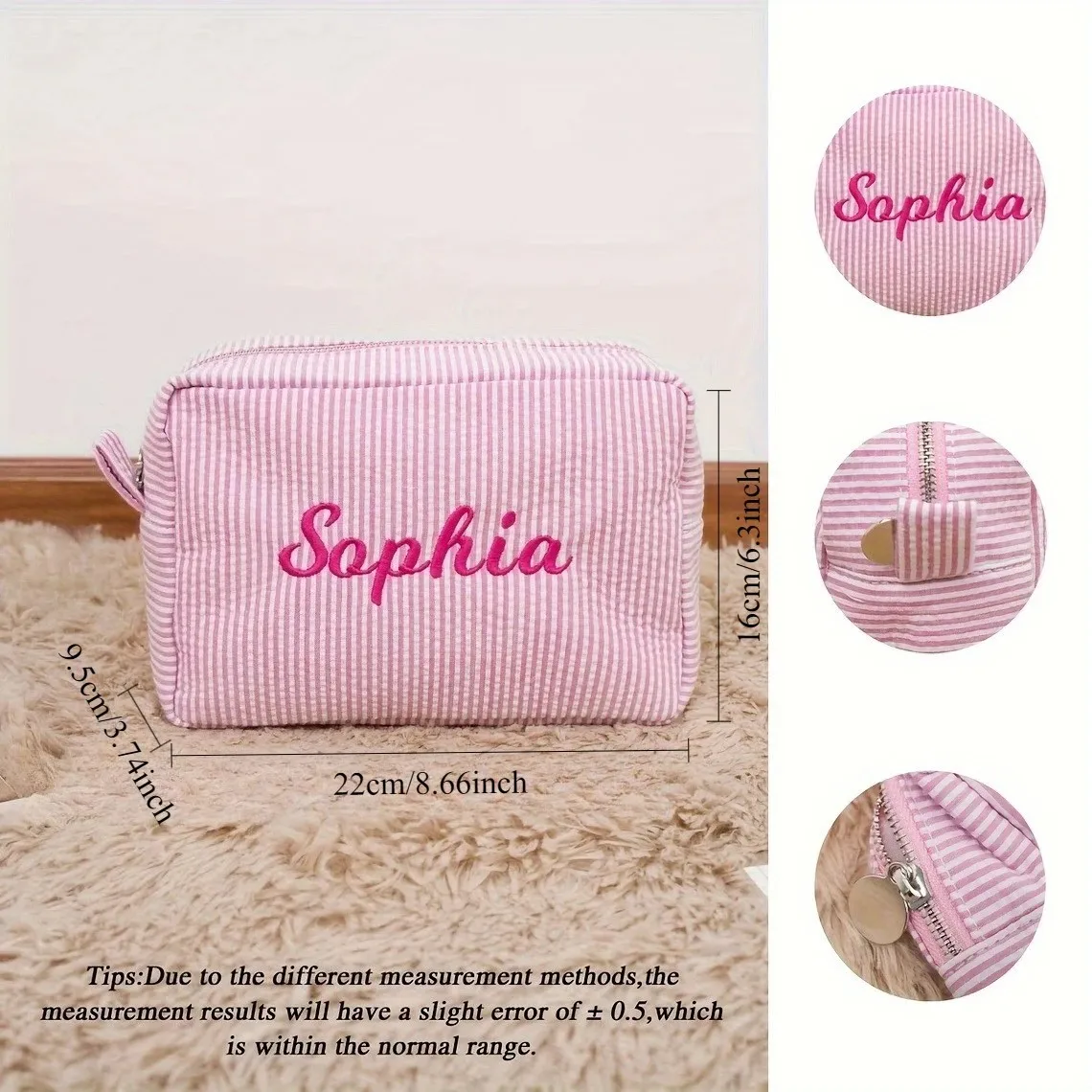 Personalized Striped Makeup Bag Custom Name Embroidery Cosmetic Pouch Travel Toiletry Organizer Gift for Women Girls Bridesmaid