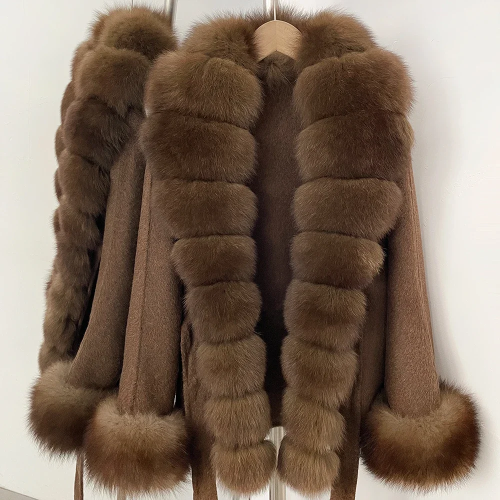 OFTBUY Neue Luxuriöse Warme Winterkleidung mit Natürlichem Fuchsfell Damen 100% Wollmantel mit Gürtel Echter Fuchsfell-Wollmantel für Frauen – Detail 7