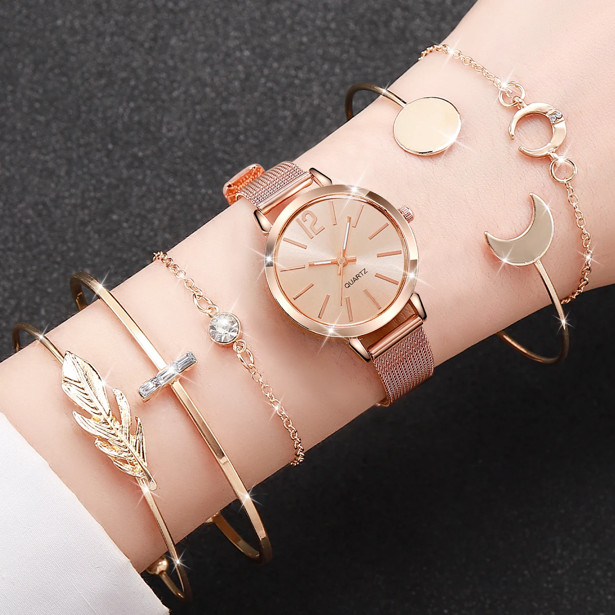 6PCS/Set Women\'s Watch Fashion Small Simple Dial Female Mesh Band Quartz Watches Bracelets Set