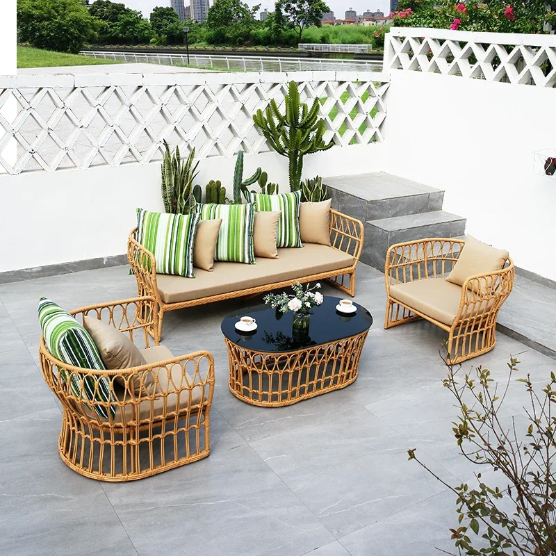 Outdoor sofa rattan coffee table furniture set villa outdoor courtyard open-air waterproof sunscreen wrought iron rattan chair