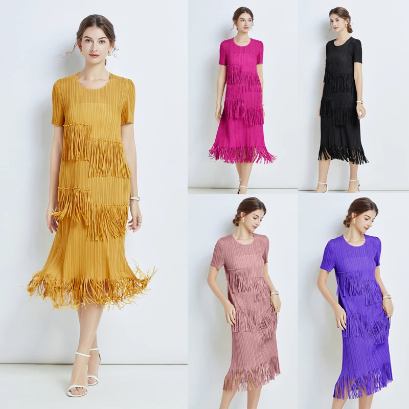 2023 Summer New Pleated Skirt O-Neck Loose Large Solid Tassel Dress Short Sleeve Elastic Magic Skirt Slim Long Dress